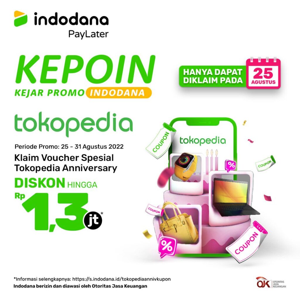 Indodana berkolaborasi dalam ulang tahun ke-13 Tokopedia. Sebagai bentuk antusiasme di momen ini, Indodana  memberikan dua promo sekaligus untuk setiap pembelian di Tokopedia yang memberikan keuntungan bagi para pengguna Indodana PayLater.